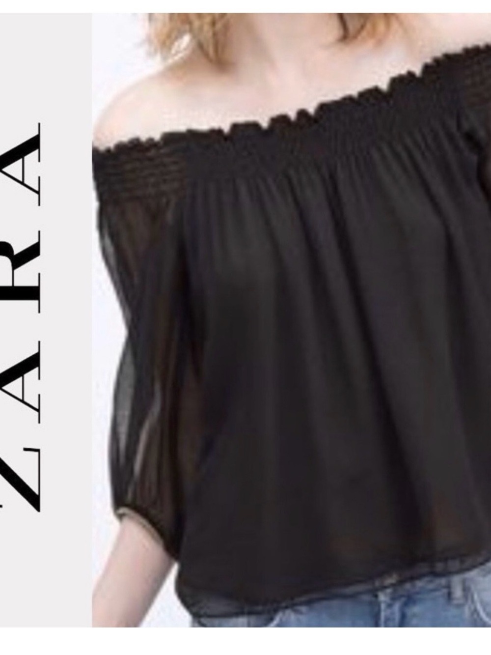Zara Basic oversized Black Sheer Off Shoulder Top Size Medium